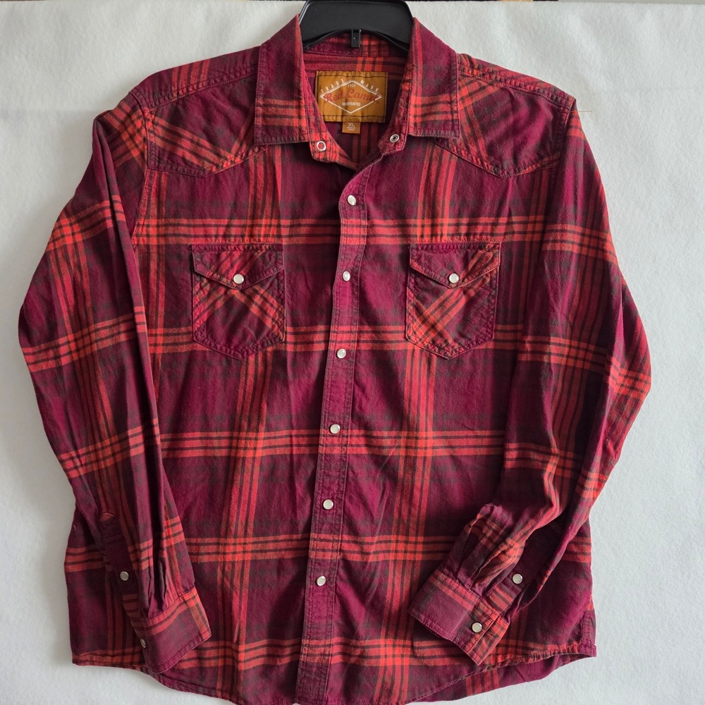Red Camel Burgundy Red Plaid Western Pearl Snap Flannel Shirt XL Womens